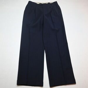 Vtg Y2K 2000s 30x32 Navy Blue Wool Pleated Cuffed Baggy Full Cut Dress Pants